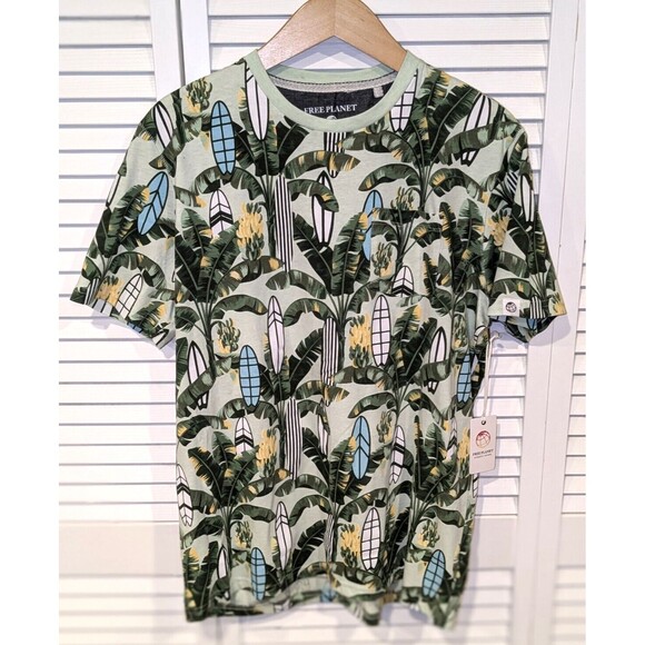 Free Planet Mens L Cotton T-Shirt Palm Tree Graphic Pocket Surf Beach Vibes NWT‎ - Picture 1 of 10